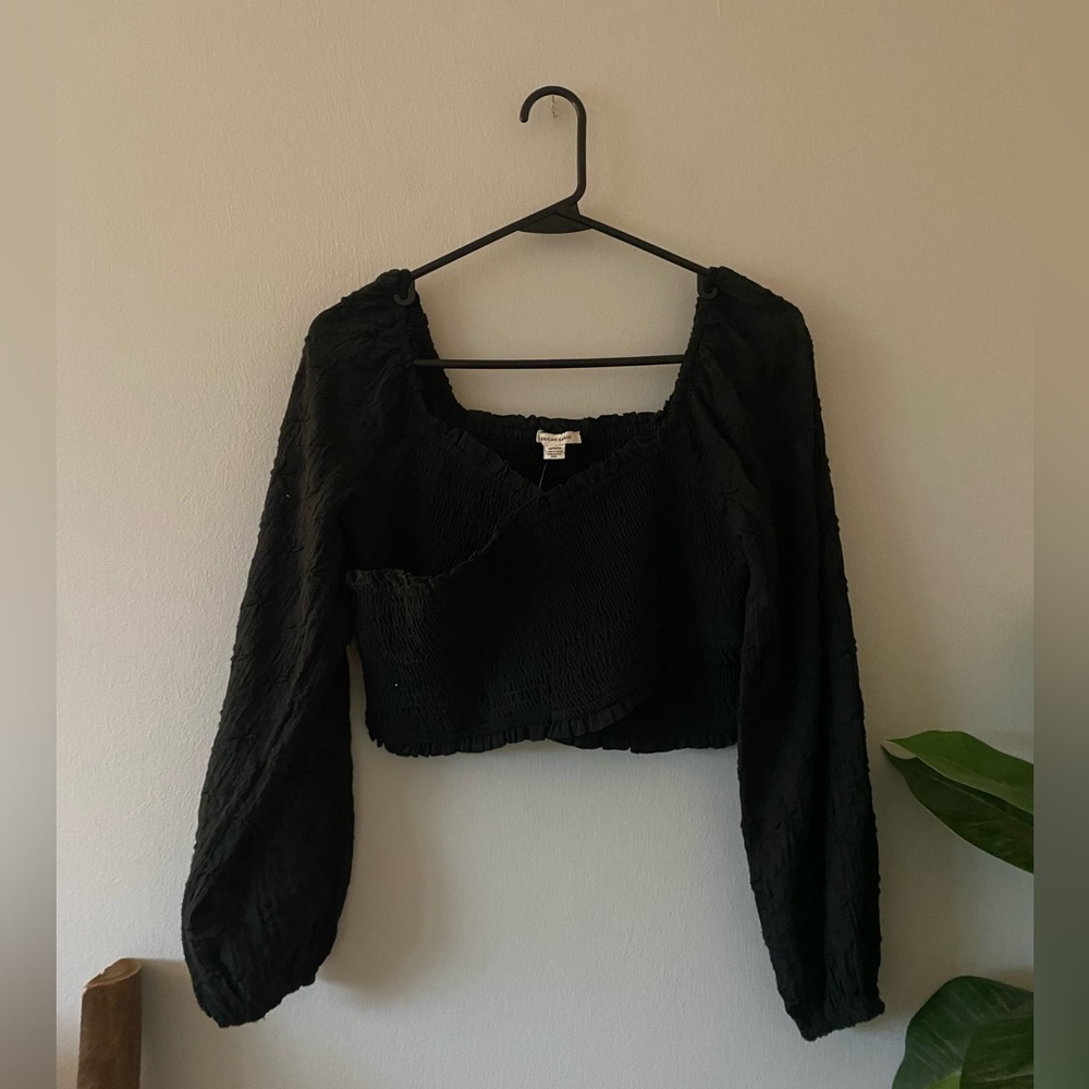 NWT American Eagle Black Smocked Whimsygoth Long Sleeve Crop Top size M